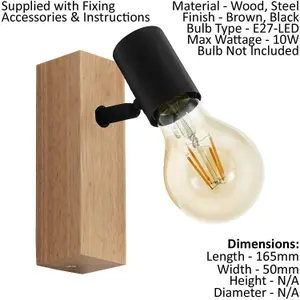 2 PACK Wall Light Colour Brown Wood Back Plate Black Bulb Holder Bulb E27 10W