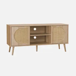 sweeek. Wood and rounded cane rattan TV stand Eva Natural 120x39x56.5 cm