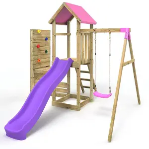 Rebo Wooden Climbing Frame with Vertical Rock Wall, Swing Set and Slide - Rushmore+ Pink