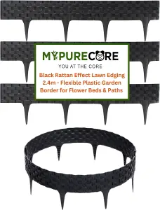 Flexible Black Rattan Effect Lawn Edging 2.4m - Flexible Plastic Garden Border Easy Install Edging for Grass, Gravel and Landscape