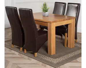 Dakota 152 x 87 cm Chunky Medium Oak Dining Table and 4 Chairs Dining Set with Lola Brown Leather Chairs