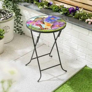 Folding Glass Table Garden Outdoor Patio Decoration Painted Round Top Christow Butterfly