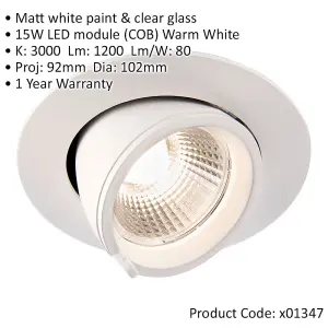 4 PACK Fully Adjustable Ceiling Downlight - 15W Warm White LED - Matt White