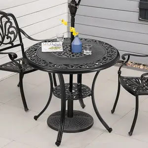 Black Round Cast Aluminum Outdoor Patio Dining Table with Umbrella Hole