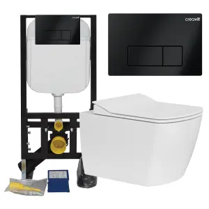 Rimless Square Wall Hung Toilet Pan & Concealed Cistern Matt Black Square Button Flush Plate