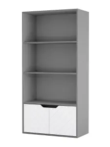 URBNLIVING 4 Tier Grey Wooden Bookcase Cupboard with 2 White Line Doors Storage Shelving Display Cabinet