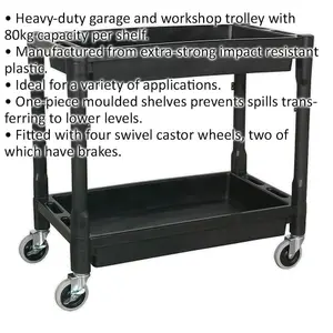 Heavy-Duty 2 Level Workshop Trolley - 80kg Capacity Per Shelf - Durable Plastic Design