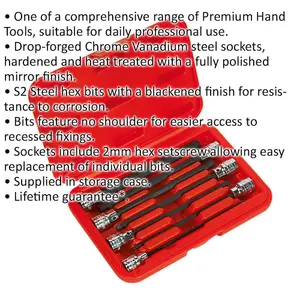 7-Piece Hex Socket Bit Set for 3/8" Drive - Durable S2 Steel with 150mm Long Shafts