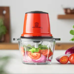 MisterChef Red Mini Chopper Mini Food Processor 3 bi-Level Blades - Energy Saver 200W with Turbo - 1.5L Food Capacity Glass Bowl