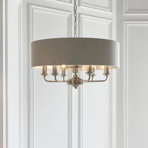 Ceiling Pendant Light - Brushed Chrome Plate & Natural Linen - 6 x 40W E14