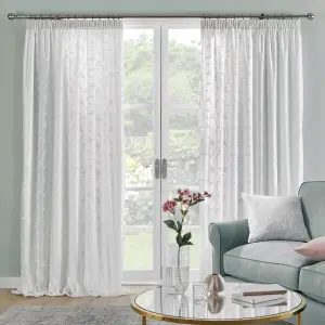 Sophia Ivory Jacquard Pair of Pencil Pleat Curtains