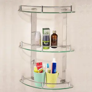 3 Tier Wall Mounted Tempered Glass Bathroom Corner Shelf Dia 25 cm