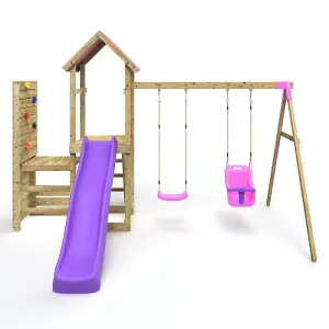 Rebo Wooden Climbing Frame with Vertical Rock Wall, Swing Set and Slide - Rainier+ Pink