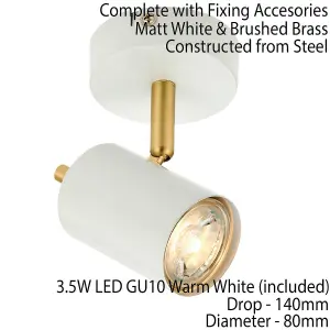 LED Tilting Ceiling Spotlight White & Brass Warm White Single Shade Down Light