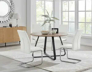 Furniturebox UK Santorini Brown Wood Contemporary Round Round Dining Table And 4 White Lorenzo Chairs Set