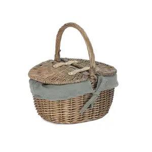 Small Wicker Picnic Basket with Lining Antique Wash/Grey Lining / 30cm H x 30cm W x 23cm D