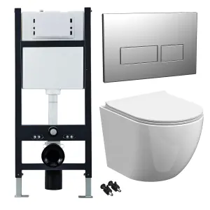 Bubly Bathrooms™ White Rimless Wall Hung Toilet Pan, Seat & 1.13m Concealed Cistern Frame - Chrome