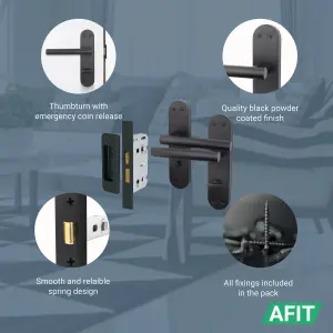 AFIT Black Bathroom Door Handle Set - 1 Pair of Internal T-Bar Handles on Backplate with Lock (64mm) - Olvera Range