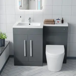 Nes Home Aric Bathroom Left Hand Grey Basin Vanity Unit WC Back To Wall Toilet 1100mm