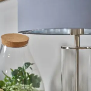 ValueLights Balan Brushed Chrome and Clear Tube Table Lamp with Grey Chrome Cylinder Shade