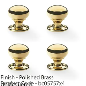 4 PACK - SOLID BRASS Mortice Smooth Mushroom Door Knob - Polished Brass 41mm Diameter