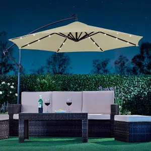 Garden Cantilever Solar LED Parasol & Cover Outdoor Umbrella 2.7m Crank Handle (Cream)