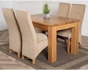 Dakota 127 x 82 cm Chunky Oak Small Dining Table and 4 Chairs Dining Set with Lola Beige Fabric Chairs