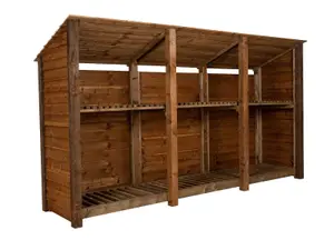 Wooden log store (roof sloping back) with kindling shelf W-335cm, H-180cm, D-88cm - brown finish