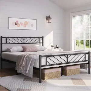 Minimalist Metal Slatted Bed Platform with Arrow Design Headboard Black / Double (4'6)