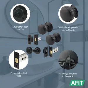 AFIT Lined Door Knob Set Matt Black - 1 Pair of Mortice Knobs 55mm, Latch & Deadbolt Kit 76mm & Turn & Release for Internal Doors