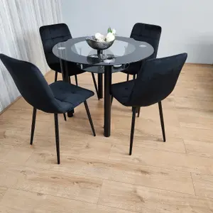 Round Glass Black Kitchen Dining Table With Storage Shelf And 4 Black Tufted Velvet Chairs Kitchen Dining Set