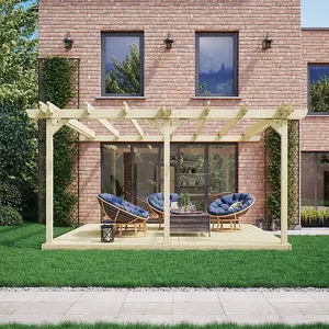 Wall Mounted Double Garden Pergola and Decking Kit - Wood - L480 x W480 cm - Light Green