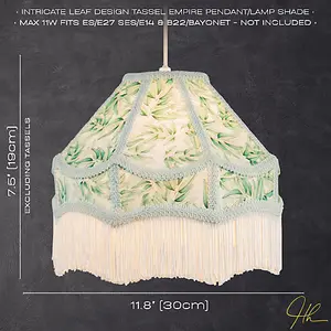 Victorian Empire Handmade Lamp Shade with Emerald Green Leaves and White Tassels