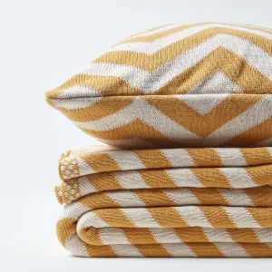 Homescapes Mustard Chevron Cotton Knitted Throw, 130 x 170 cm