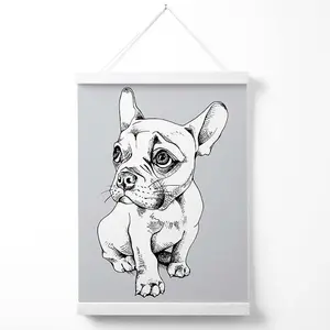 Sketch French Bulldog on Light Grey Poster with Hanger / 33cm / White