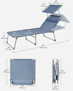 SONGMICS Sun Lounger, Folding , Large Reclining Sun Chair, 71 x 200 x 38 cm, Max. Load 150 kg, with Sunshade Headrest