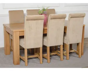 Dakota 182 x 92 cm Chunky Oak Large Dining Table and 6 Chairs Dining Set with Washington Beige Fabric Chairs