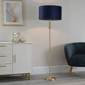 ValueLights Marissa Gold Stacked Ball Floor Lamp with Navy Blue Velvet Shade