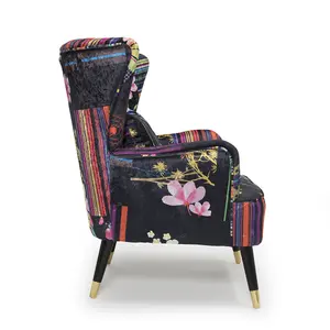 Fabric Black Patchwork Victoria Accent Wingback Chair