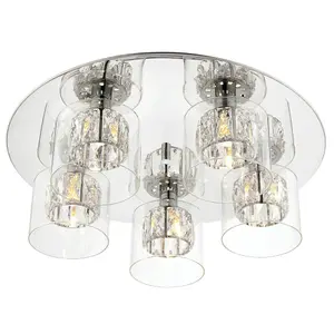 Flush Ceiling Mount Light Chrome Crystal Chandelier Round Modern Bulb Pendant