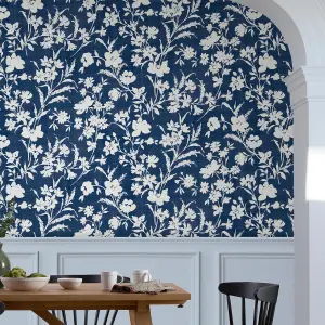 Laura Ashley Rye Blue Floral Smooth Wallpaper