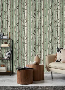 Fine Decor Birch Trees Sage Wallpaper FD43291