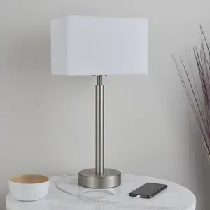 Table Lamp Matt Nickel Plate & Vintage White Fabric 60W E27 USB Socket