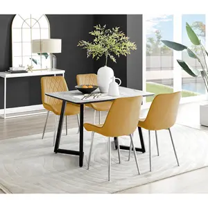 Industrial Design Grey & White Marble Effect Melamine Dining Table Set with 4 Luxury Velvet Chairs Yellow/Silver