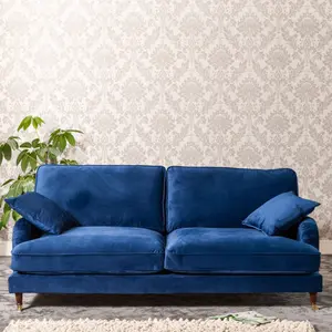 Mackenzie 207cm Wide Marine Blue 4 Seat Velvet Fabric Sofa with Brass Coloured Wheel Tipped Walnut Coloured Wooden Legs