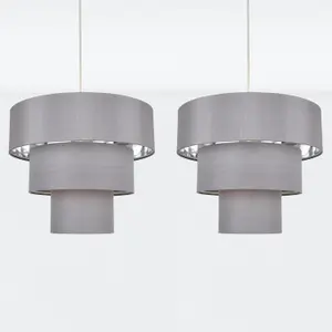 First Choice Lighting Set of 2 Staggered 3 Tier Grey Faux Silk Slub Fabric Ceiling Adjustable Flush Shade with Chrome Board Inner