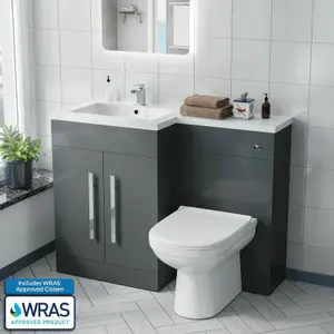 Nes Home Debra Bathroom Grey L-Shape LH Basin Vanity Unit BTW WC Toilet 1100mm