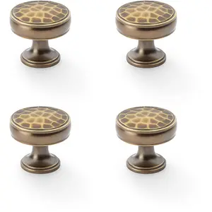 4 PACK - Round Hammered Door Knob - Antique Brass 32mm Diameter Cupboard Pull Handle