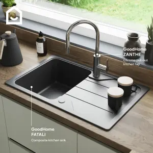 GoodHome Fatali Black Composite quartz 1 Bowl Sink & drainer 500mm x 780mm