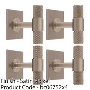 4 PACK - Knurled T Bar Cabinet Door Knob & Matching Backplate - Satin Nickel 40 x 40mm